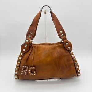 Roberta Gandolfi Cognac Leather Studded Shoulder Bag Made in Italy Y2K